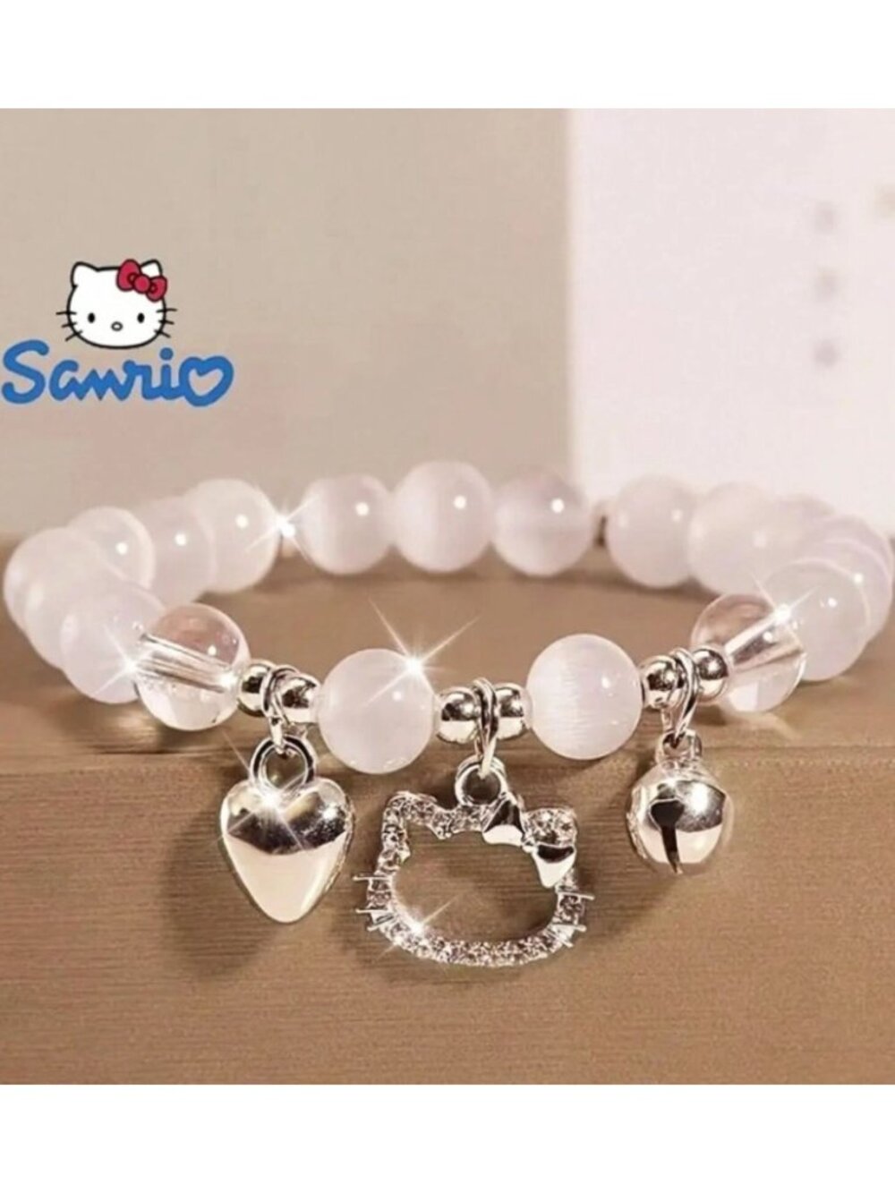 Hello Kitty Silver Charm Stretch Bracelet Rhinestone Heart & Beaded Design